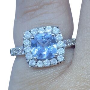 Aquamarine White Sapphire Halo Women's Engagement Ring in Sterling Silver Sz 6
